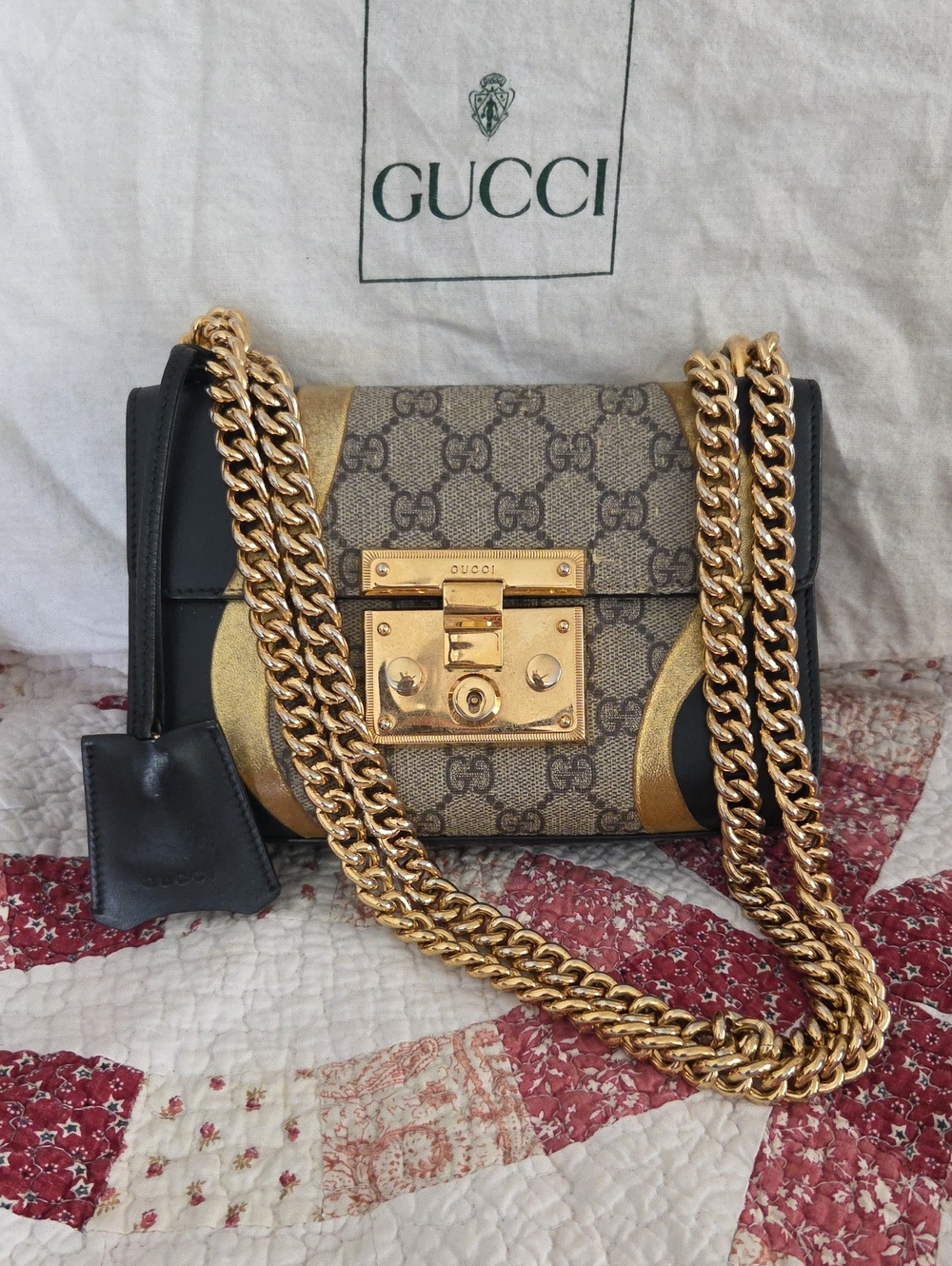 Gucci GG Supreme Shoulder Bag in Brown, Black & Gold